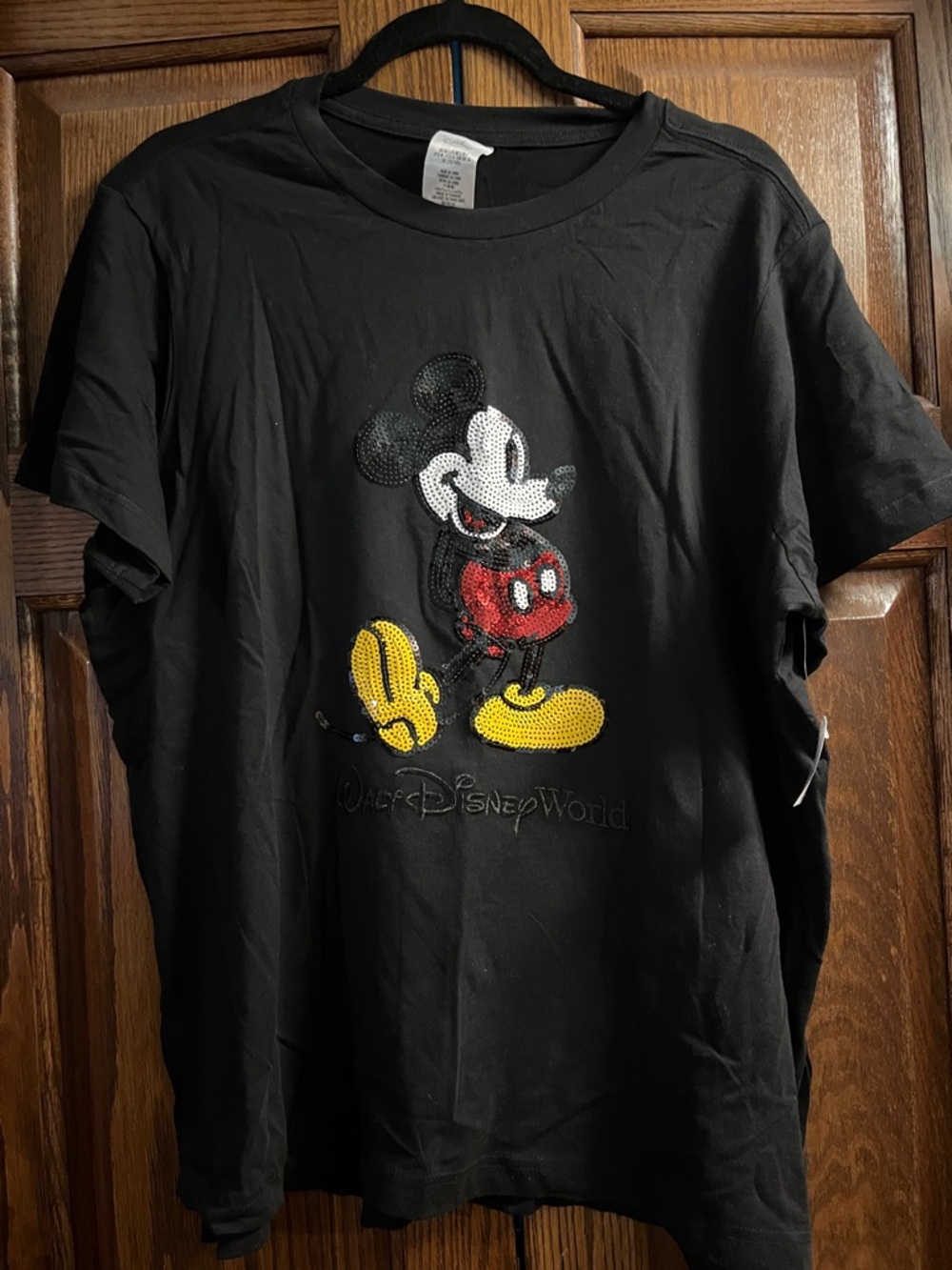 Disney Black Short Sleeve Tee with Red, Yellow and White Sequin Mickey